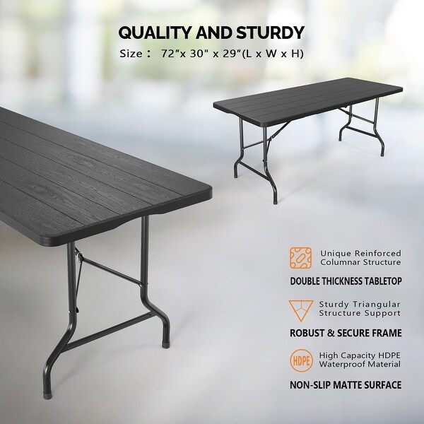 6 Foot Plastic Folding Table Portable Long Table for Indoor Outdoor Use with Carrying Handle，Rattan Patterned HDPE Tabletop