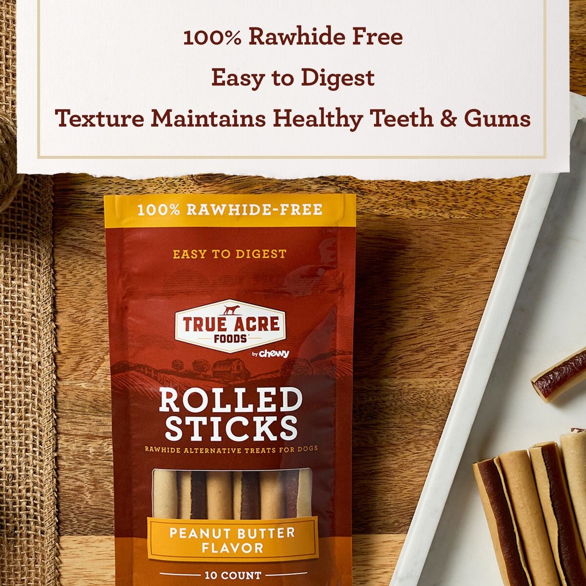 True Acre Foods Rawhide-Free Rolled Sticks Peanut Butter Flavor Dog Treats