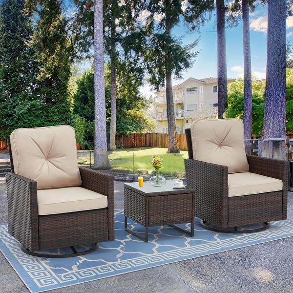 AVAWING 3 PCS Outdoor Wicker Swivel Rocking Chairs with Tempered Glass Side Table