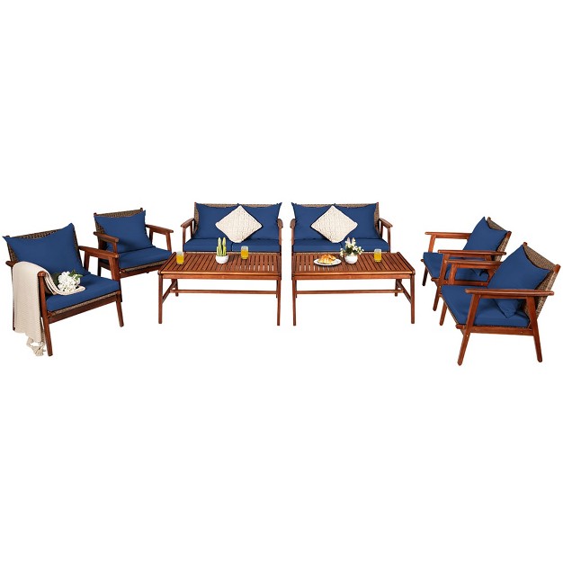 Costway 8pcs Patio Rattan Furniture Set Acacia Wood Frame Cushioned Sofa Chair Red navy