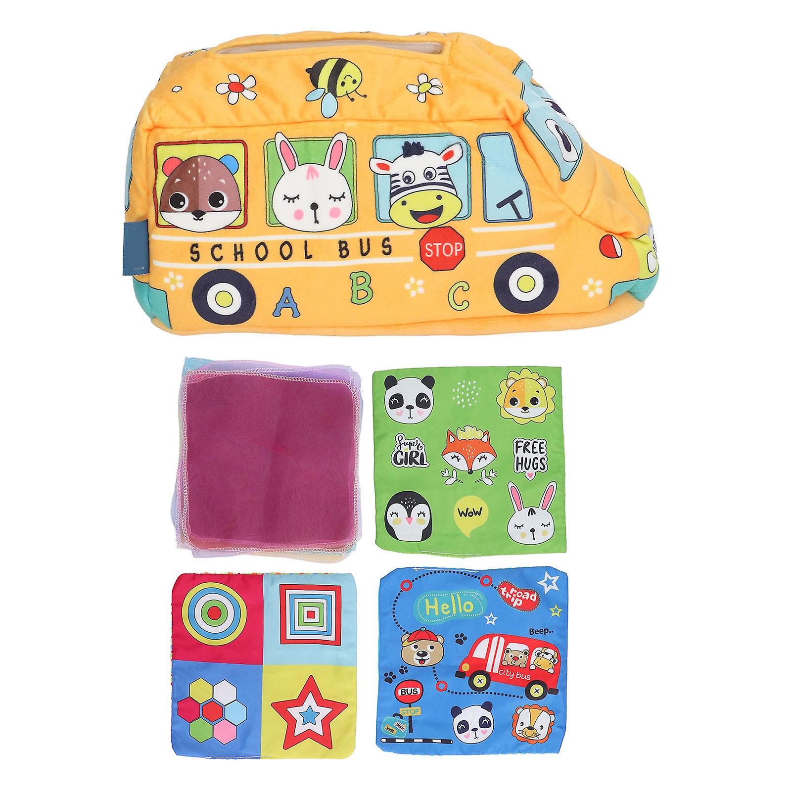 Baby Tissue Box School Bus Shape Educational Interesting Plush Material  Sensory Toy for Infants