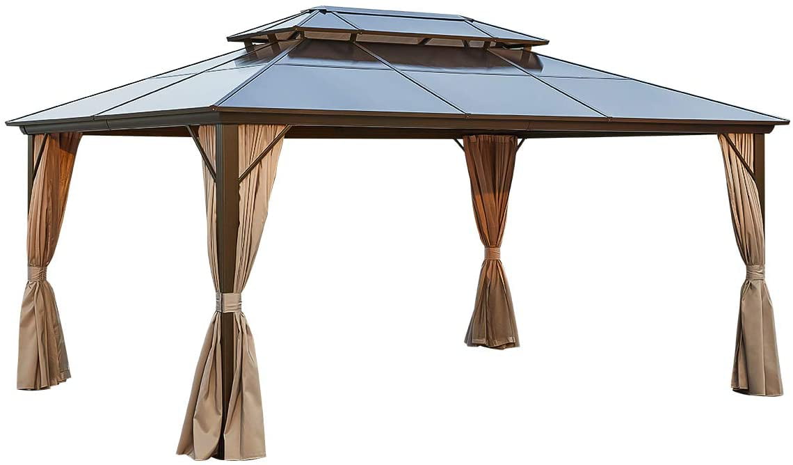 Yoleny 12'x16' Outdoor Polycarbonate Double Roof Hardtop 12 ft Gazebo Canopy, Brown