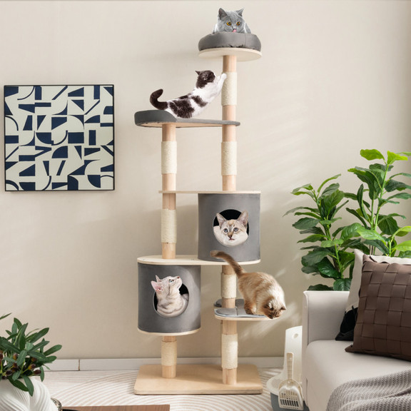 Costway 62913745 6 Tier Wooden Cat Tree with 2 Rem...