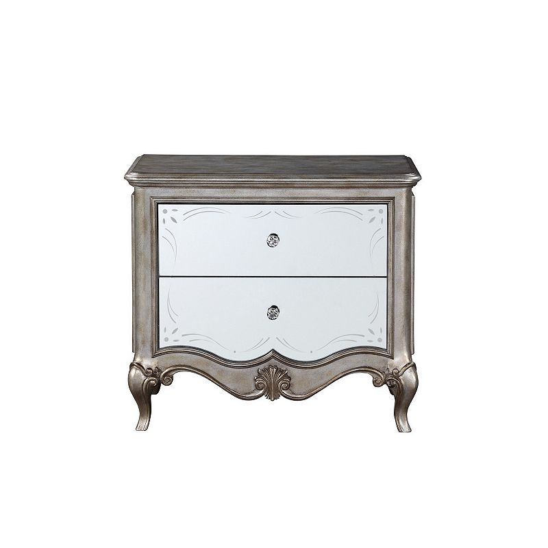 Nightstand with Mirror Front and Molded Trim， Antique Silver