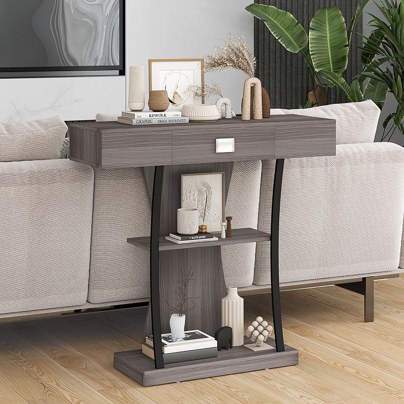 Console Table with Drawer and 2-Tier Shelves for Entryway Living Room