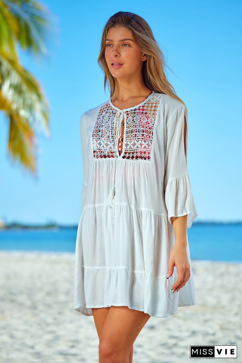 White Lace Panel Tie V Neck Beach Cover-up