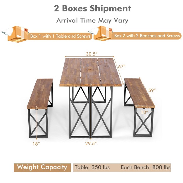 Costway 3 Pcs Outdoor Acacia Wood Patio Dining Table Bench Set With 2 x27 x27 Umbrella Hole