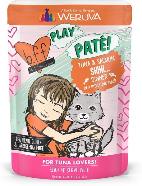 BFF Play Pate Lovers Tuna and Salmon Shhh Wet Cat Food， 3-oz pouch， pack of 12