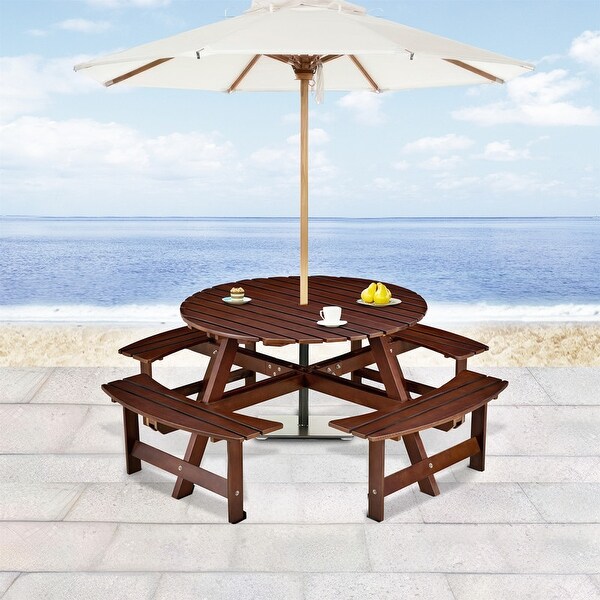 8 Person Wood Picnic Table，Outdoor Round Picnic Table with 4 Builtin Benches，Umbrella Hole，Outside Table and Bench Set