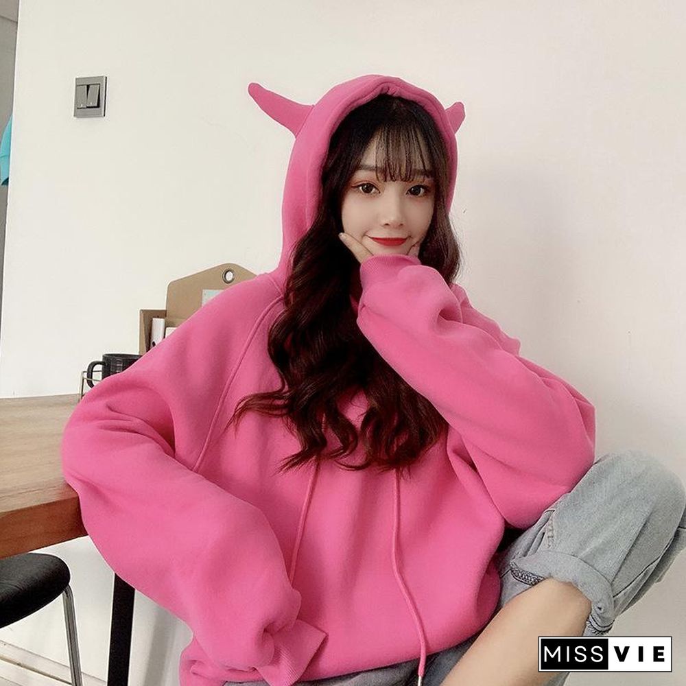 Korean Style Women Hoodies Solid Color Sweetshirt Cute Loose Pullover Hooded Sweatshirt Long Sleeve Jacket Kawaii Clothes