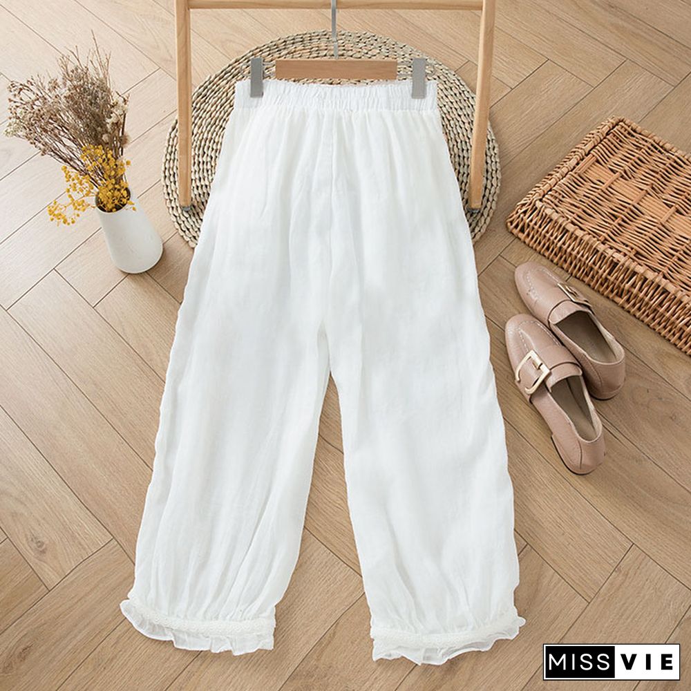 Cotton and linen retro stitching hollow bloomers casual pants