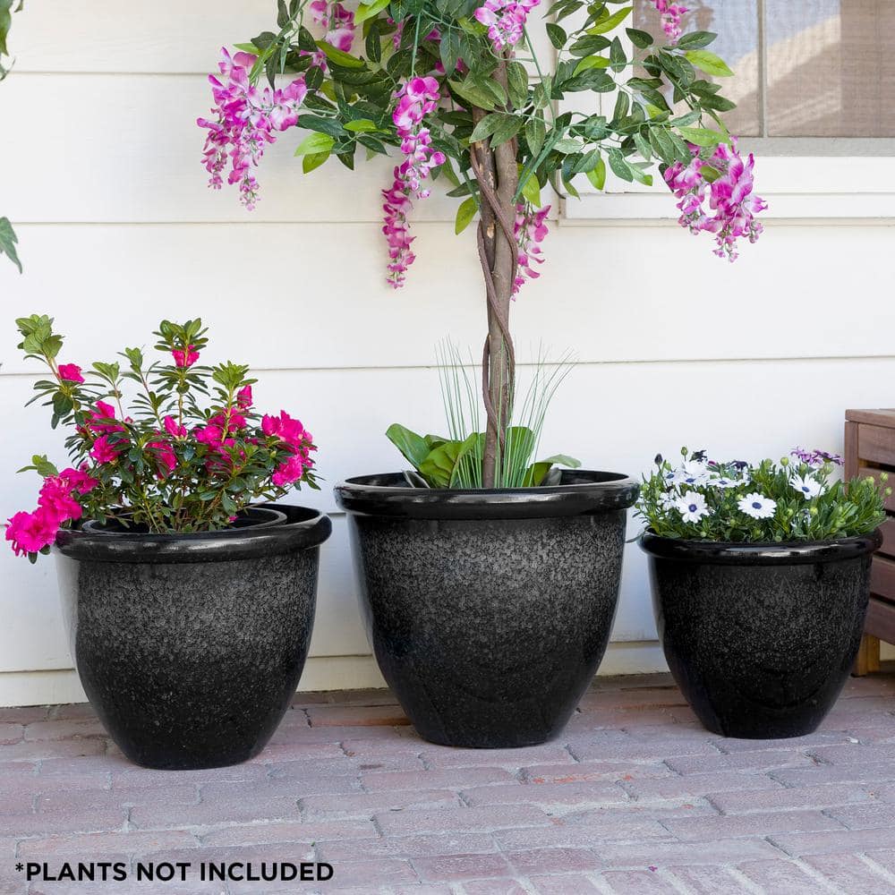 Alpine Corporation Indoor/Outdoor Stone Planters with Drainage Holes and Plugs, Speckled Black (Set of 3) CLL436A-BK