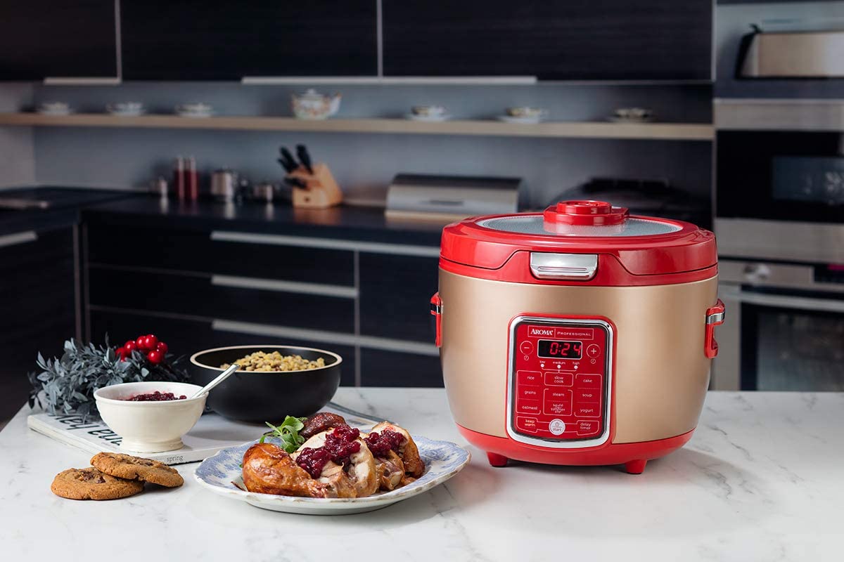 AROMA 20-Cup Red Rice Cooker with Glass Lid