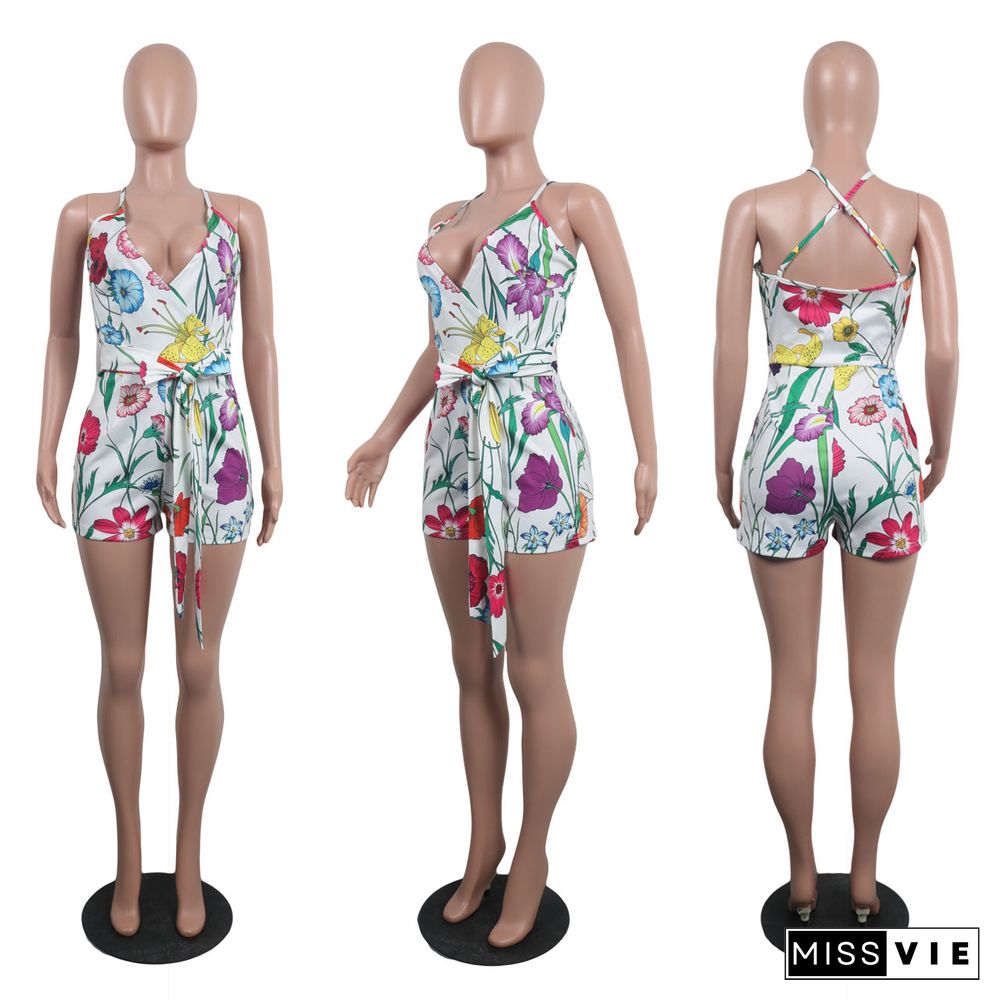 Women Holiday Floral Print V Neck Sleeveless Summer Bandage Beach Halter Neck Skinny Rompers