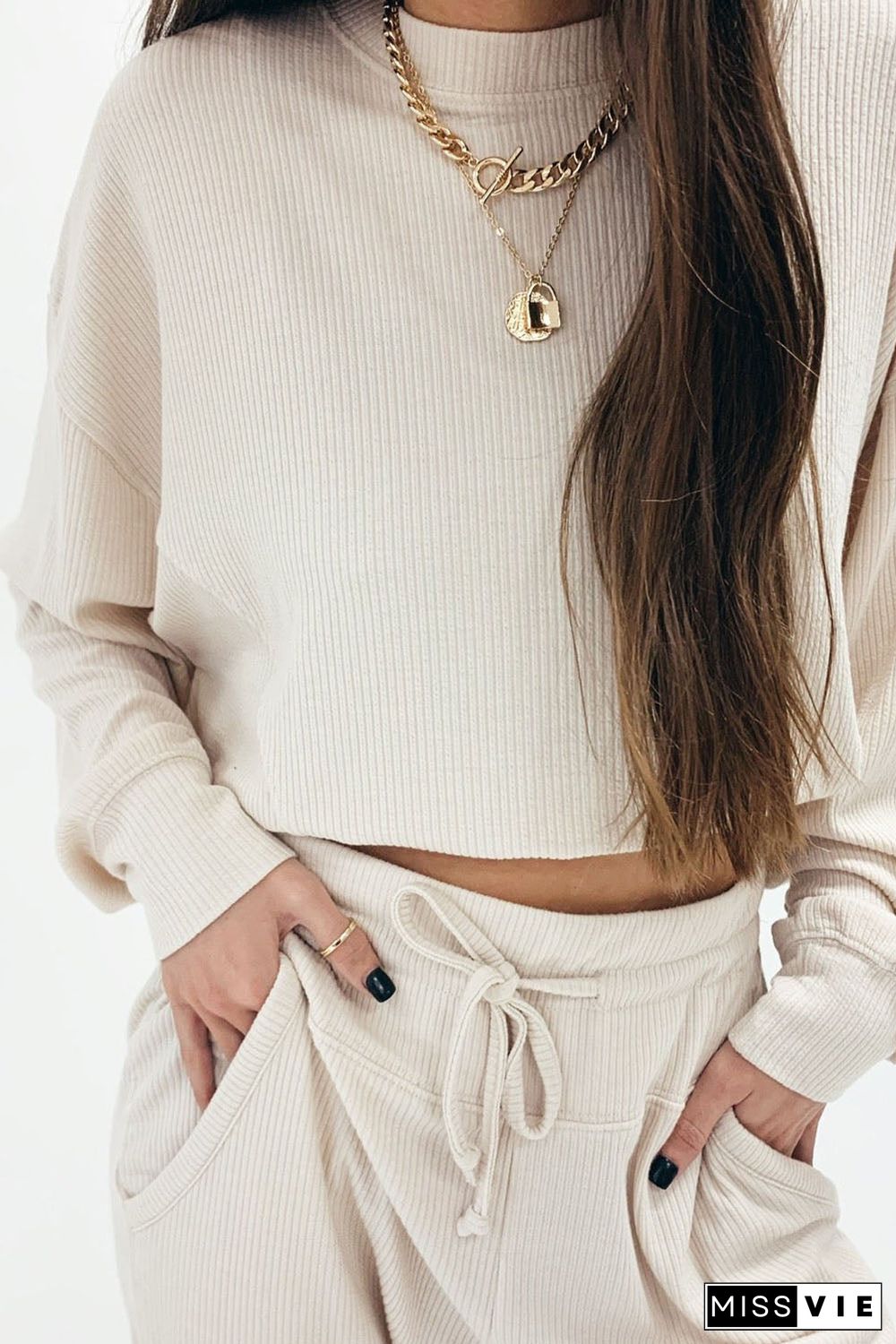 Apricot Ribbed Long Sleeve Drawstring Pants Set