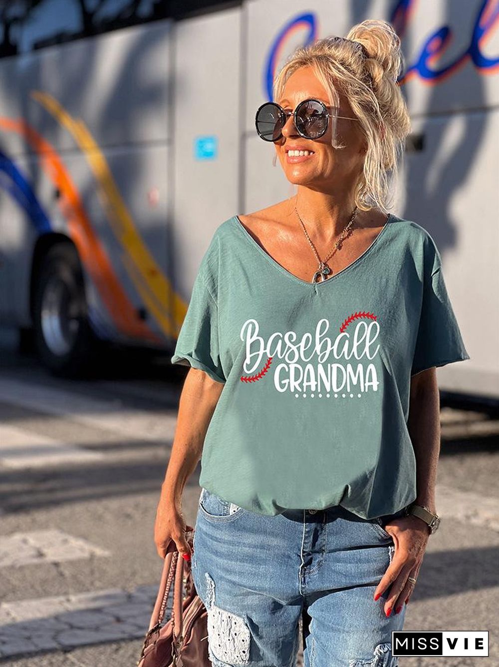 Baseball Grandma Print Loose Leisure T-Shirt