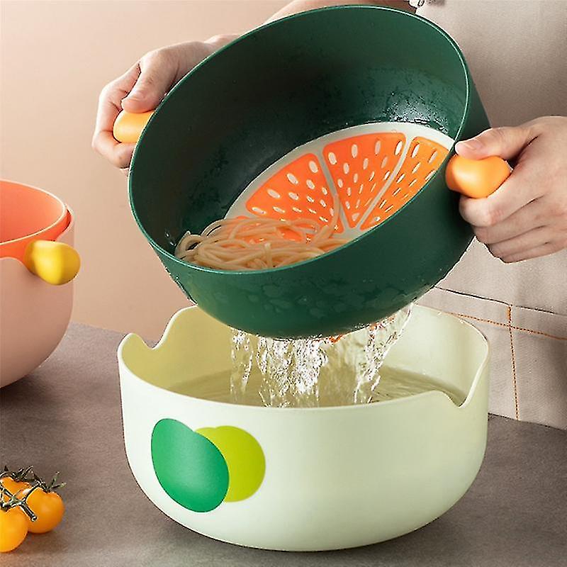 Double-layer Drain Basket With Handle Kitchen Wash Basket Wash Fruits Vegetables Filter Noodles Gre