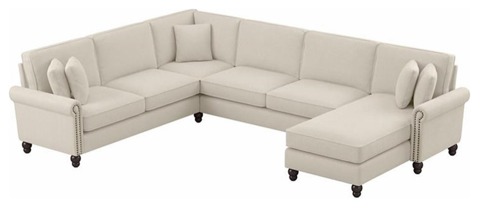 Pemberly Row U Shaped Sectional with Rev. Chaise in Cream Herringbone Fabric   Traditional   Sectional Sofas   by Homesquare  Houzz