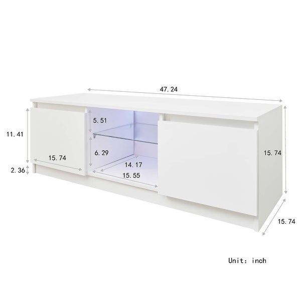 White LED TV Stand Cabinet with Lights with Storage Drawers， Entertainment Center Media Console Table