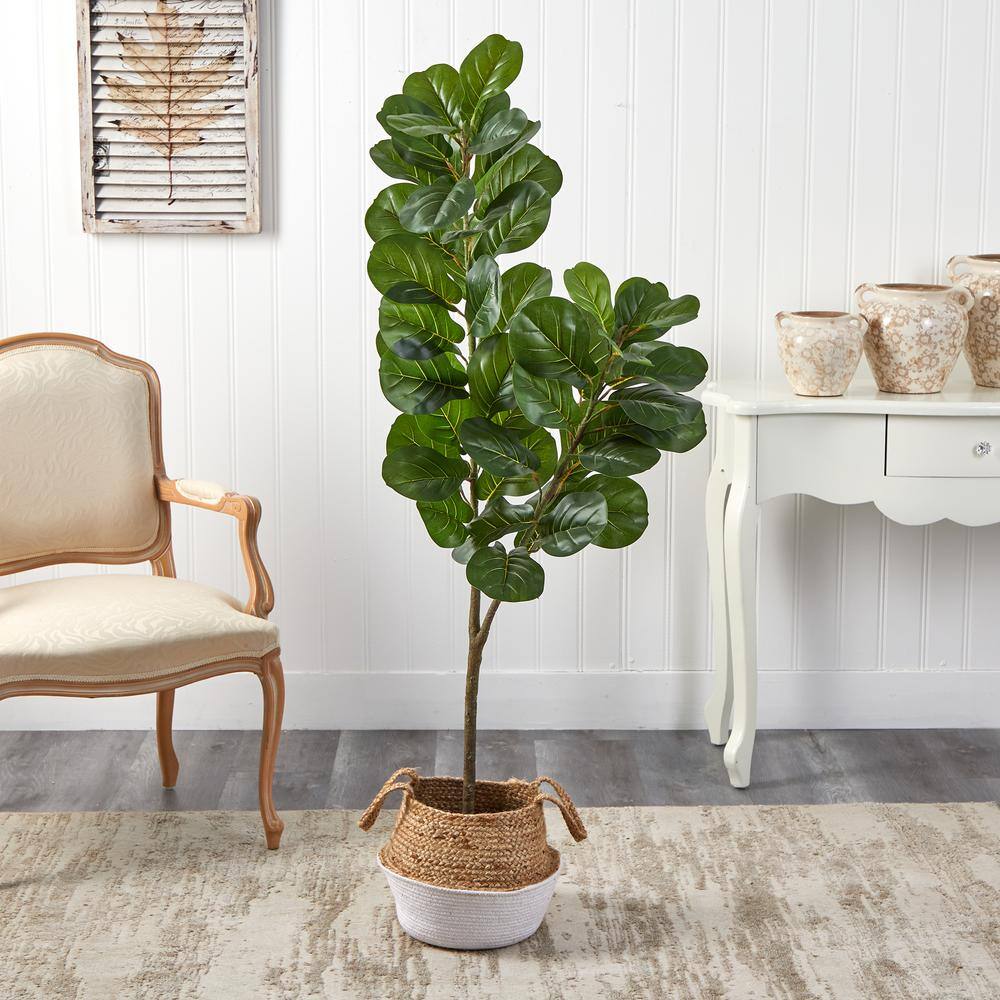 Nearly Natural 4.5 ft. Green Fiddle Leaf Fig Artificial Tree with Boho Chic Handmade Cotton and Jute White Woven Planter T2914