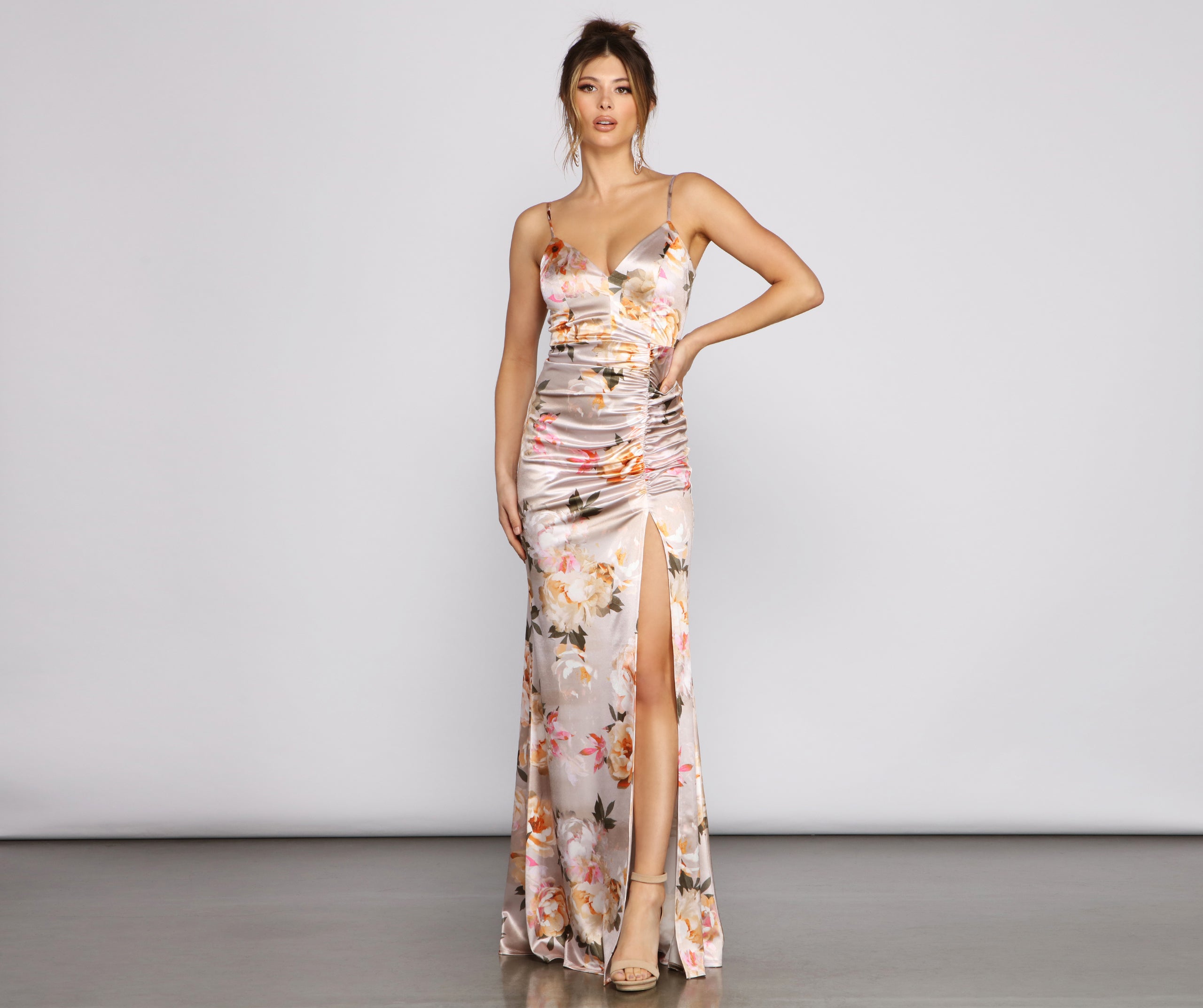 Taylor Satin Floral High-Slit Dress