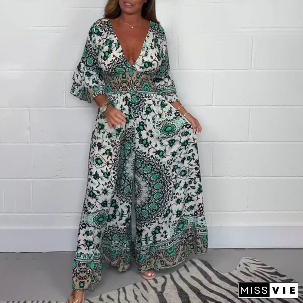 Green Paisley Long Sleeve Jumpsuit