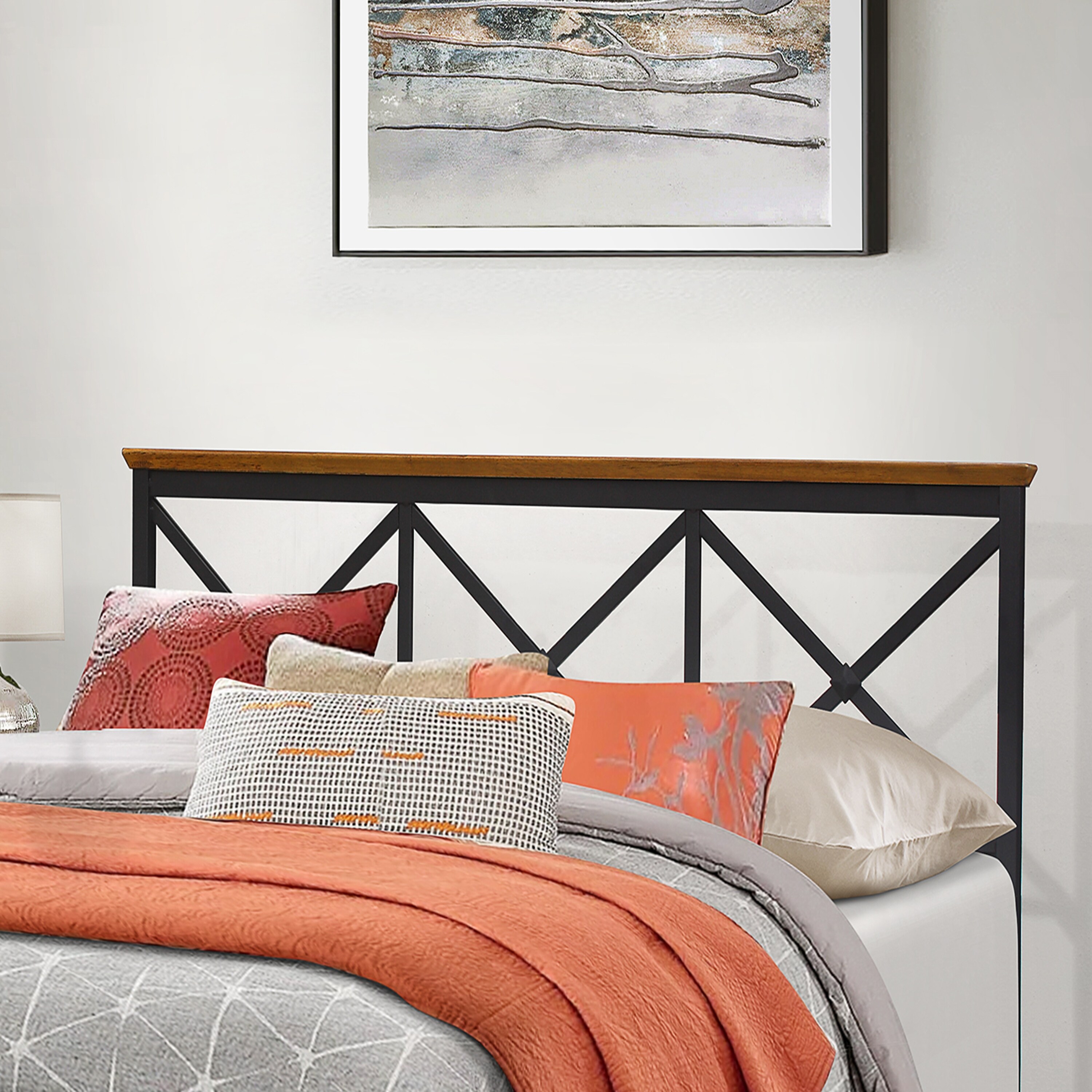 Hillsdale Furniture Ashford Triple X Design Metal Headboard， Textured Black with Oak Finished Wood - - 34259702