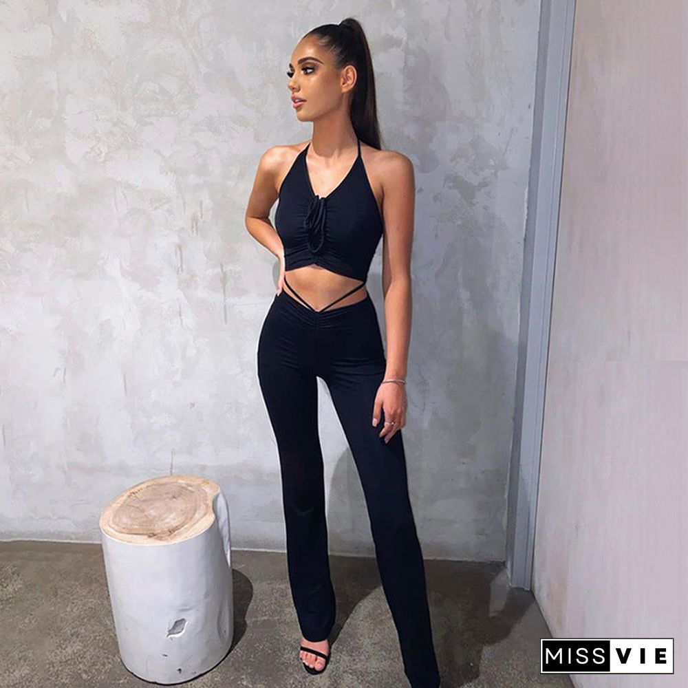 Y2K Streetwear Sexy Bandage Blue Co-Ord Suits 2000S Fashion Drawstring Halter Top And High Waist Flare Pants 2 Piece Set