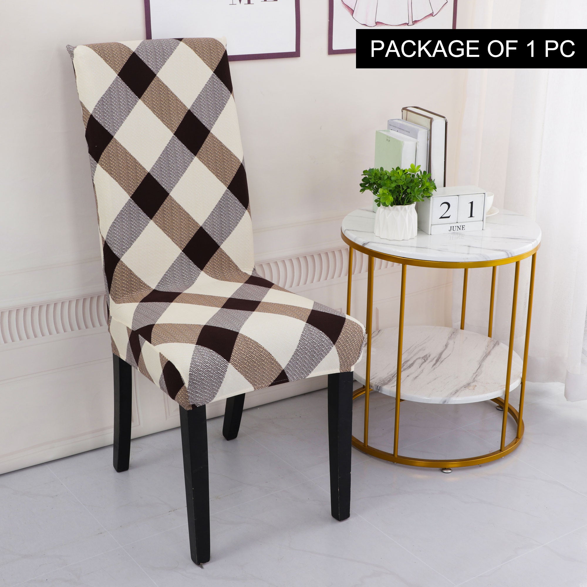 PiccoCasa 2Pcs Plaid Chair Coves for Dining Room, Stretch Chair Procters, Brown and Biege Medium