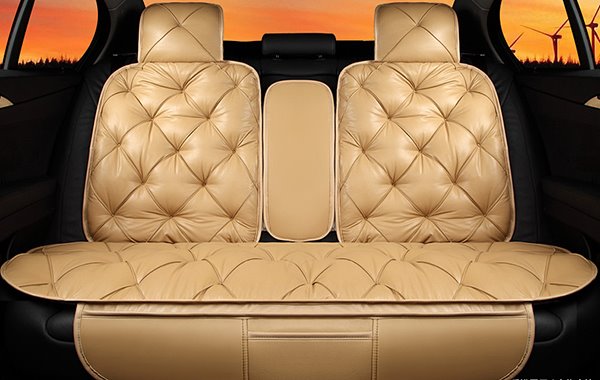 Beddinginn Luxury Faux Leather Car Seat Cover， Vintage Pinch Pleat Sofa Style Automotive Seat Cover for Cars SUV Pick-up Truck， Universal Fit， Beige