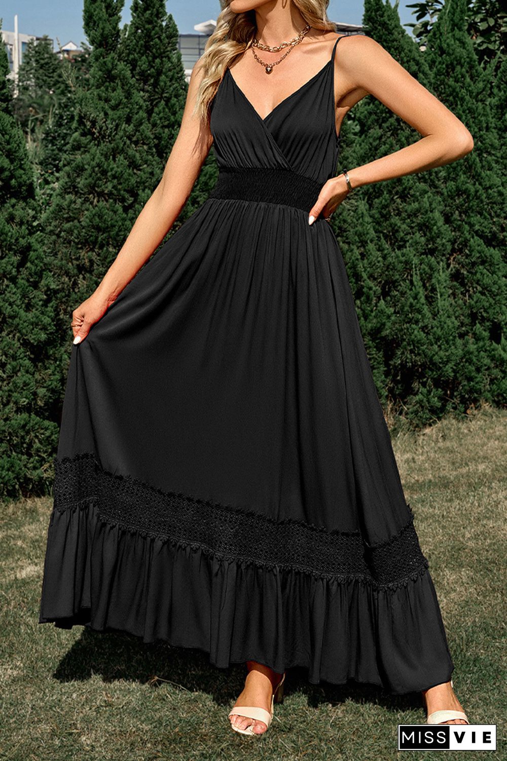 Plain V Neck High Waist Lace Tape Splicing Hem Maxi Dress