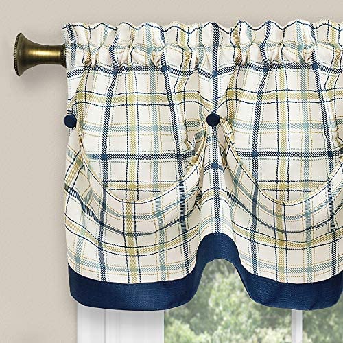 3-Piece Window Kitchen Curtain Set with Double Layer Plaid Gingham Fabric, Tier Pair Panels and Button Tab Top Valance, Navy, 24 Panel Length