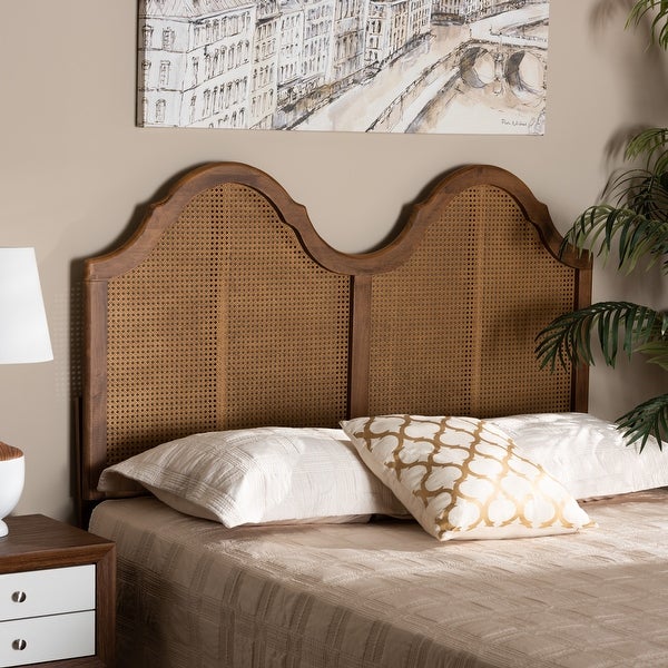 Hazel Ash Walnut Wood and Synthetic Rattan Arched Headboard - - 32969784