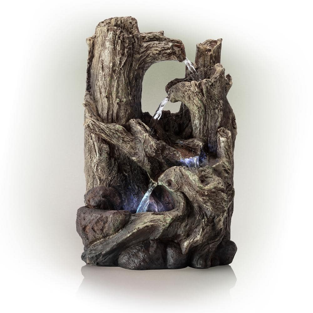 Alpine Corporation 14 in. Tall Indoor Tiered Log Tabletop Fountain with LED Lights WIN794S