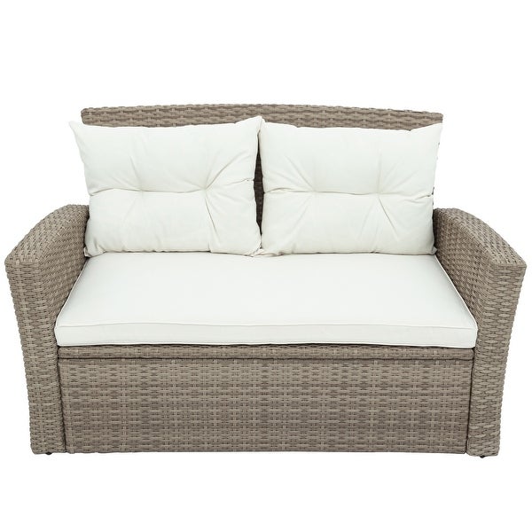 4-Pieces Outdoor Garden Sectional Furniture Set for 4-6， Rattan Sofa Set with Tempered Glass Coffee Table， Ottoman and Cushions - Overstock - 37476115