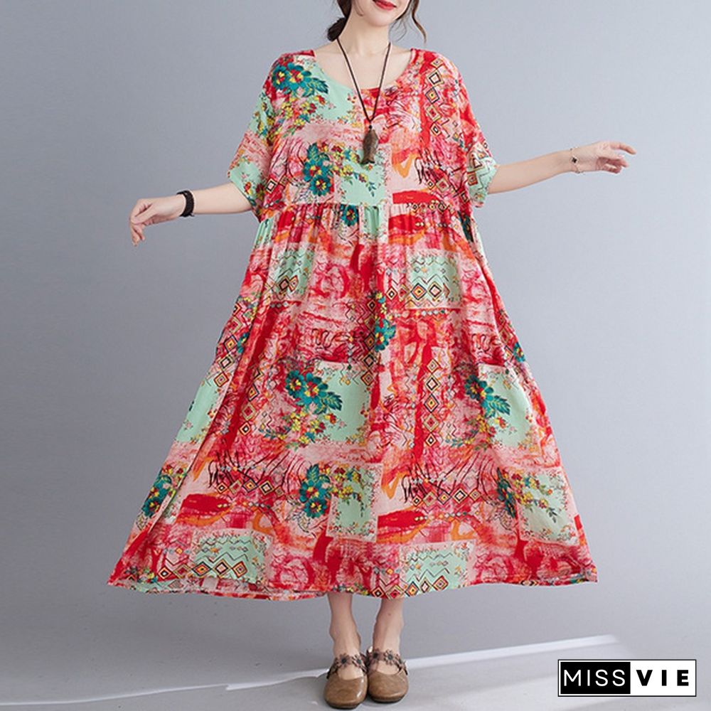 Women Summer Short Sleeve Floral Printed Sundress Casual Loose Long Dress