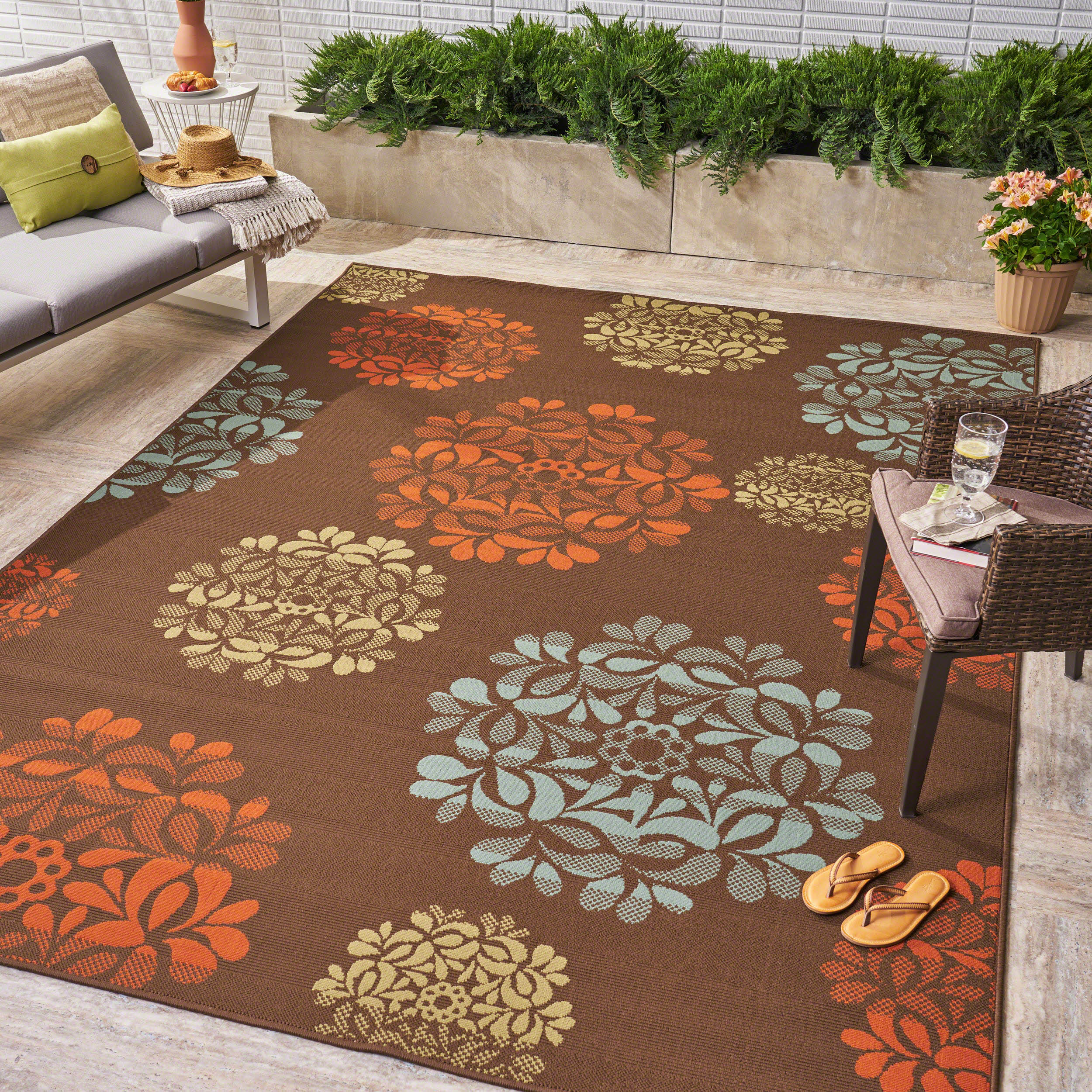 Sallie Outdoor Modern Brown Area Rug with Multi-Color Floral Print