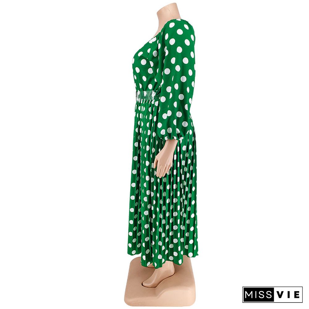 Long Sleeve One-Line Collar Pleated Print Polka Dot Dress (With Belt)