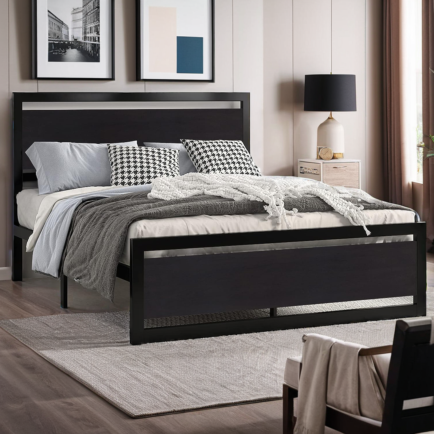 Bed Frame with Wooden Headboard & 13 Strong Metal Slats Supports Bed Frame Heavy Platform Metal