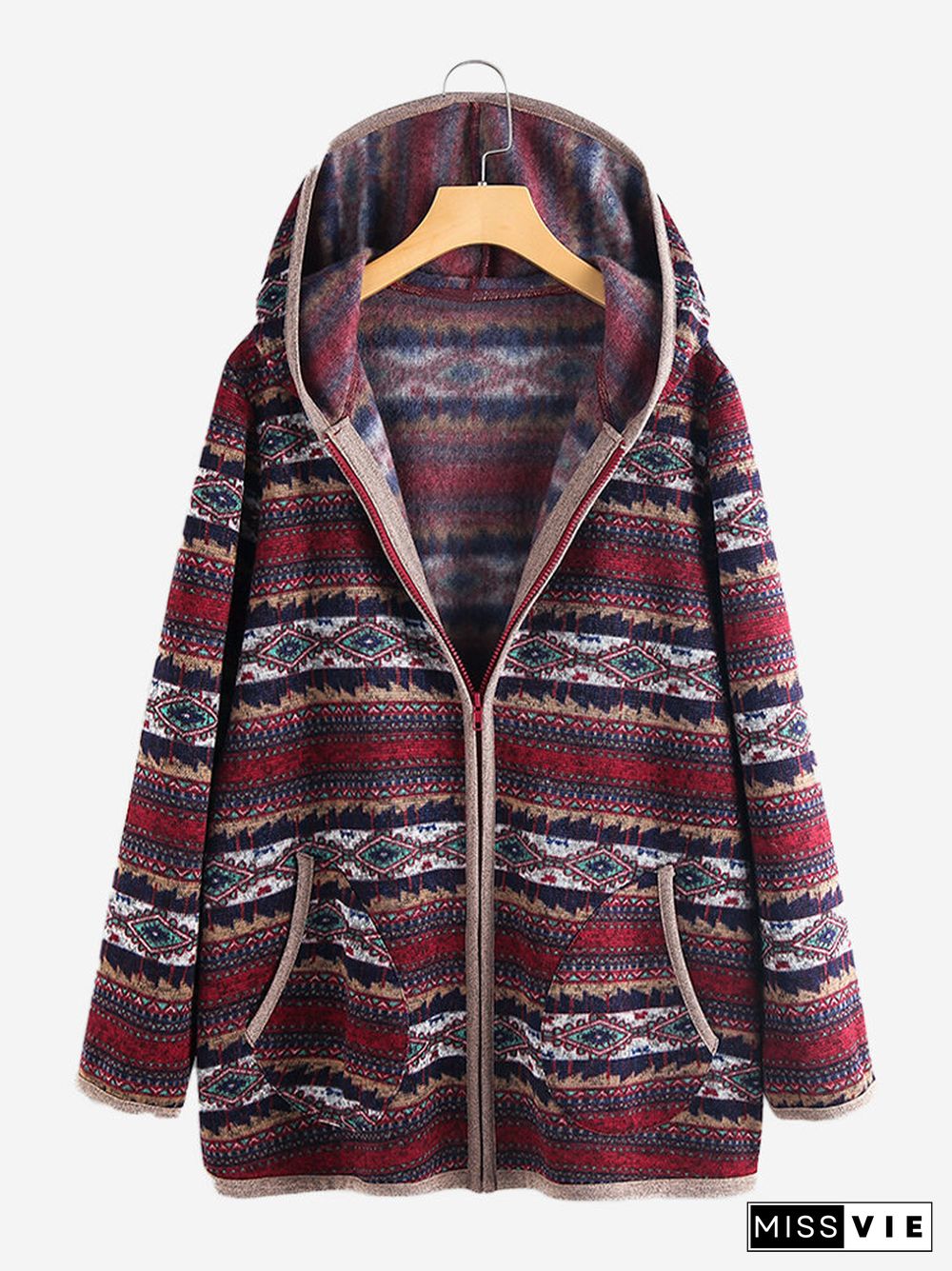 Ethnic Print Patchwork Long Sleeve Hooded Jacket For Women