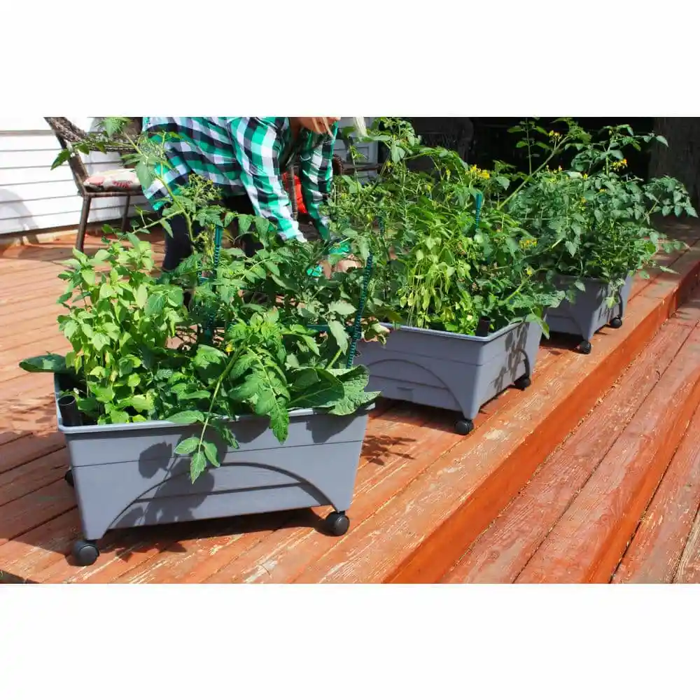 CITY PICKERS 24.5 in. x 20.5 in. Charcoal Gray Plastic Patio Raised Garden Bed Kit with Watering System and Casters