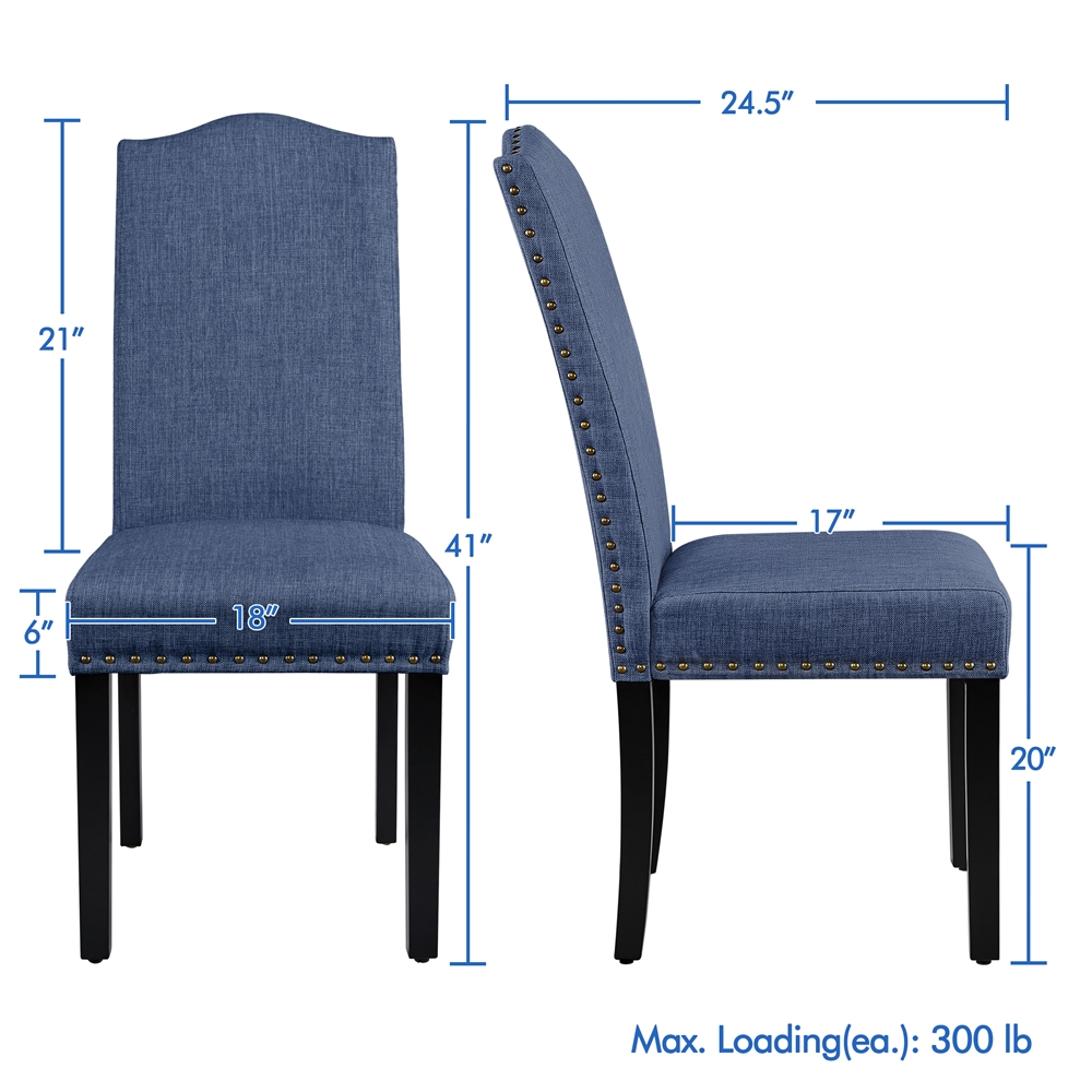 Yaheetech Set of 2 Classic Dining Chair Fabric Upholstered Kitchen Chair with Nailhead Trim Solid Wood Legs， Blue