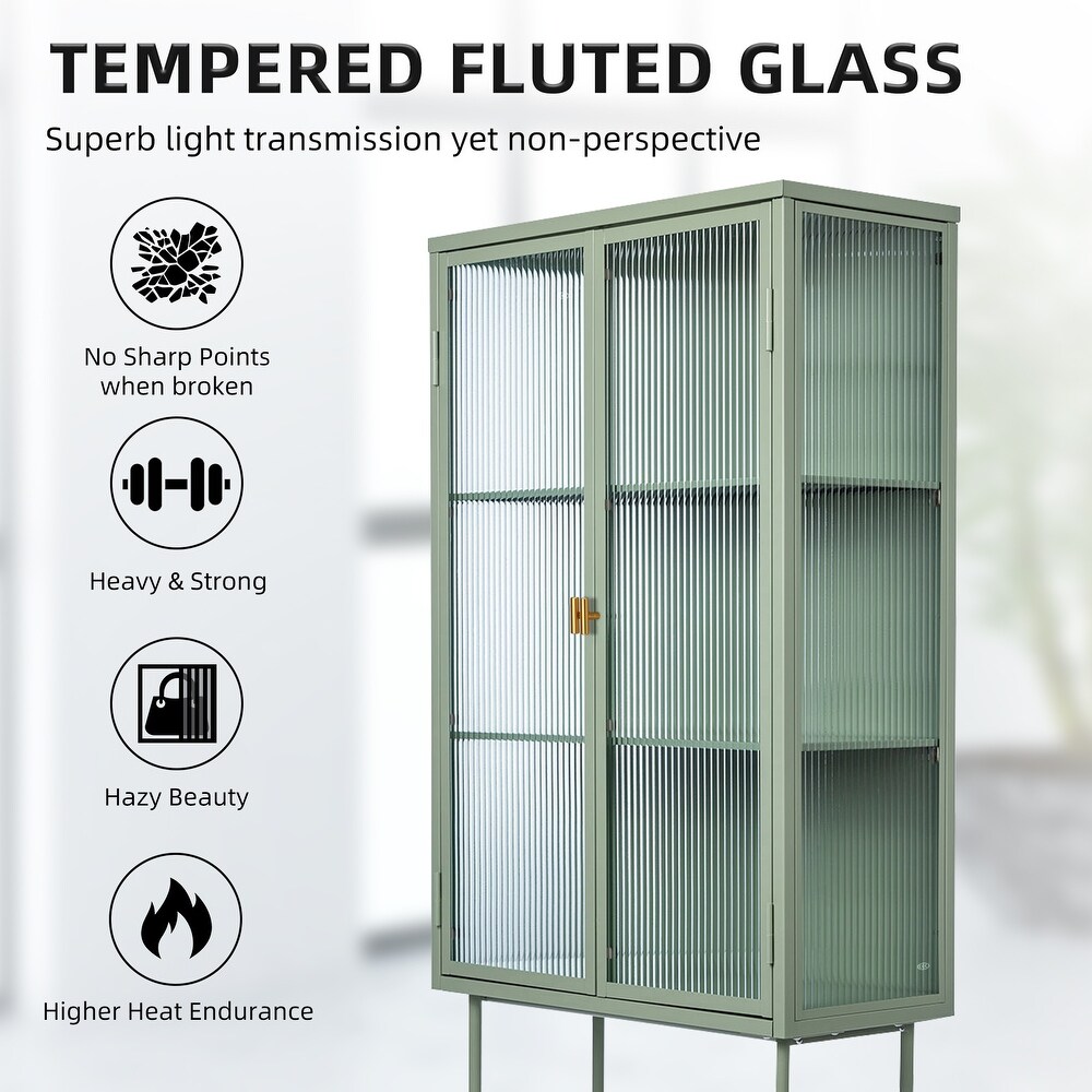 Tall Freestanding Display Cupboard Stylish Fluted Glass Storage Cabinet with Glass Doors Three Detachable Shelves Bottom Space