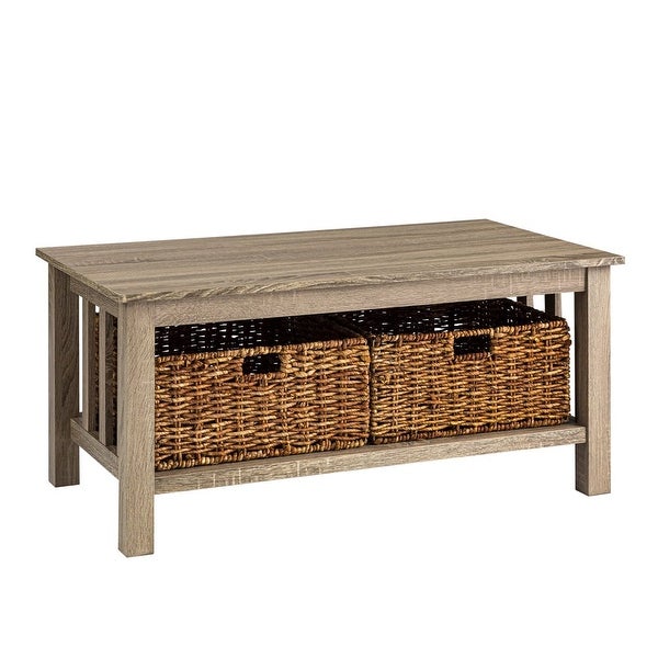 Traditional Storage Coffee Table with Bins， Driftwood