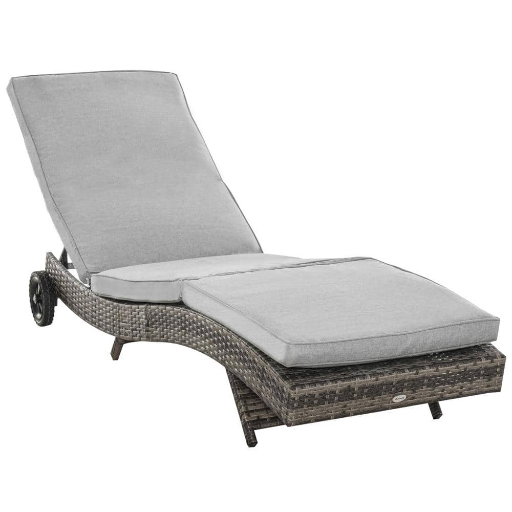 Outsunny Grey Metal Plastic Rattan Outdoor Chaise Lounge Chair with Grey Cushions, 2 Wheels and 5 Backrest Angles 862-030