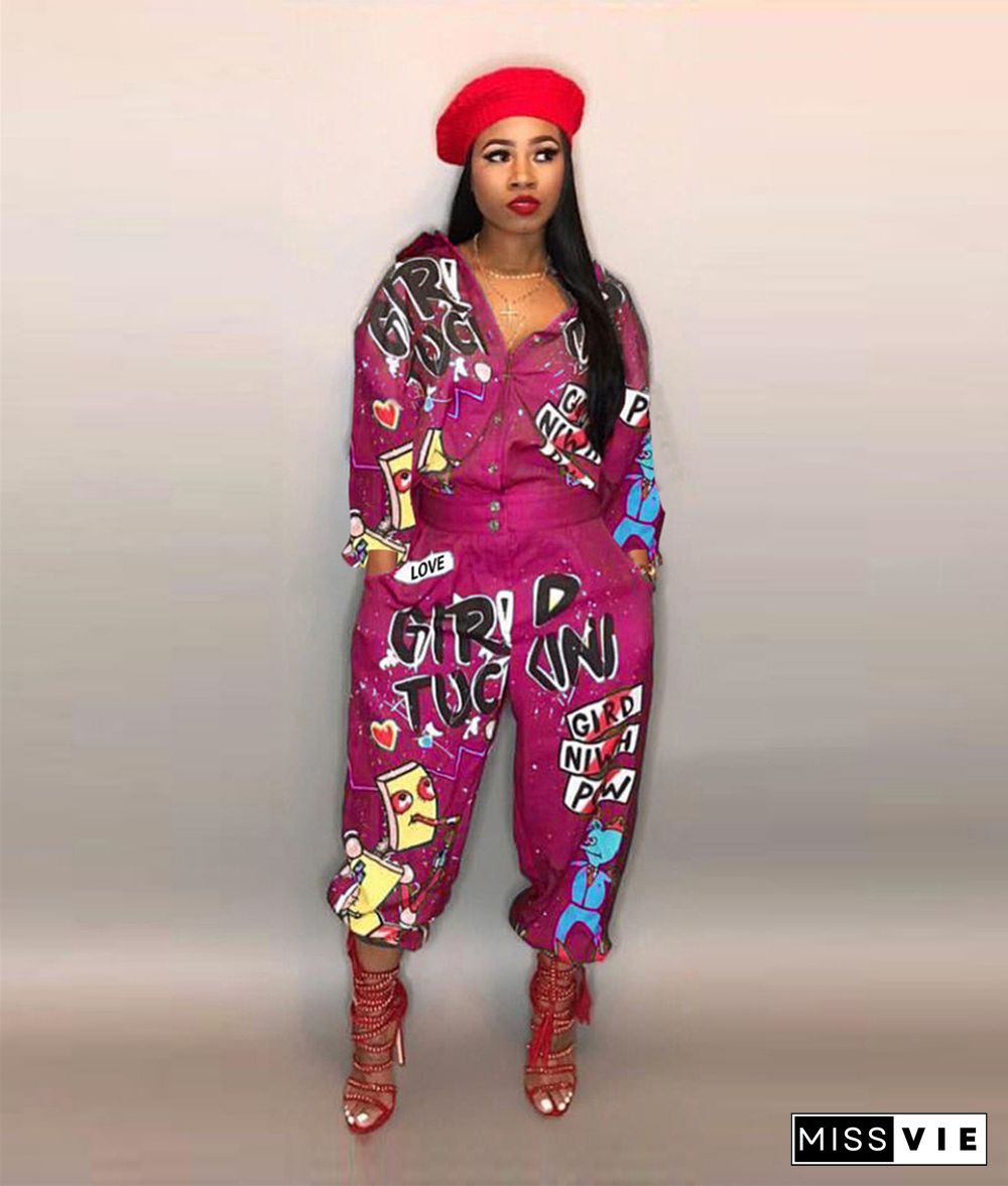 Loose Long Sleeve Animated Letter Print Lapel Jumpsuit