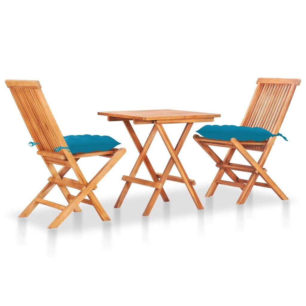 3 Piece Bistro Set with Light Blue Cushions Solid Teak Wood - Overstock - 36363302