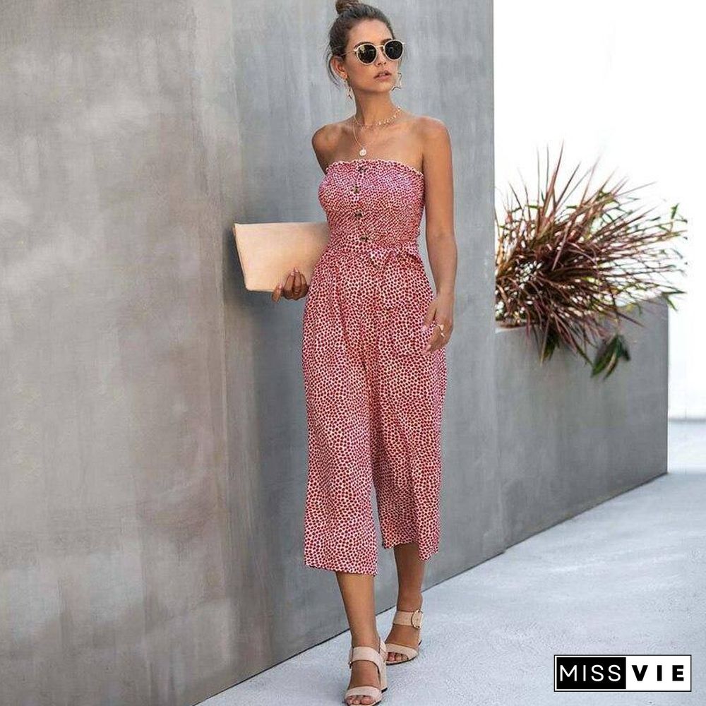 Floral Long Jumpsuit Elegant Women Backless Romper Summer Jumpsuit Female Cotton Pocket Ladies Strapless Overalls For Women