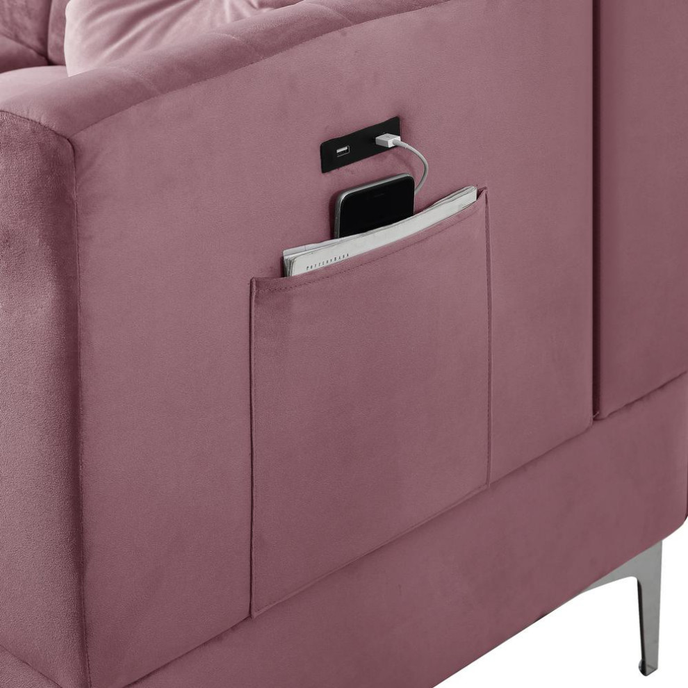 Chloe Pink Velvet Sectional Sofa Chaise With Usb Charging Port   Midcentury   Sectional Sofas   by BisonOffice  Houzz