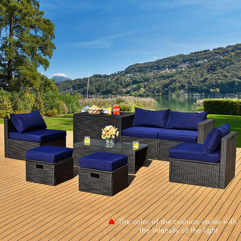 8 Pcs Rattan Wicker Outdoor Patio Furniture Sectional Sofa Set with Storage Box & Waterproof Cover